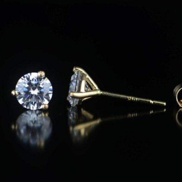 Solid 14k Yellow Gold Round AAA Quality CZ Martini PushBack Stud Earrings Sz 7mm - Picture 3 of 5